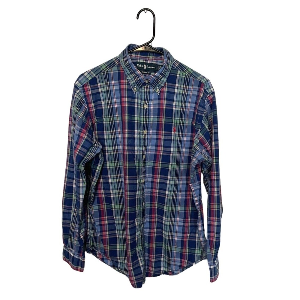 Ralph Lauren Button Down Shirt Mens L Blue Plaid Classic Fit Long Sleeve Pony